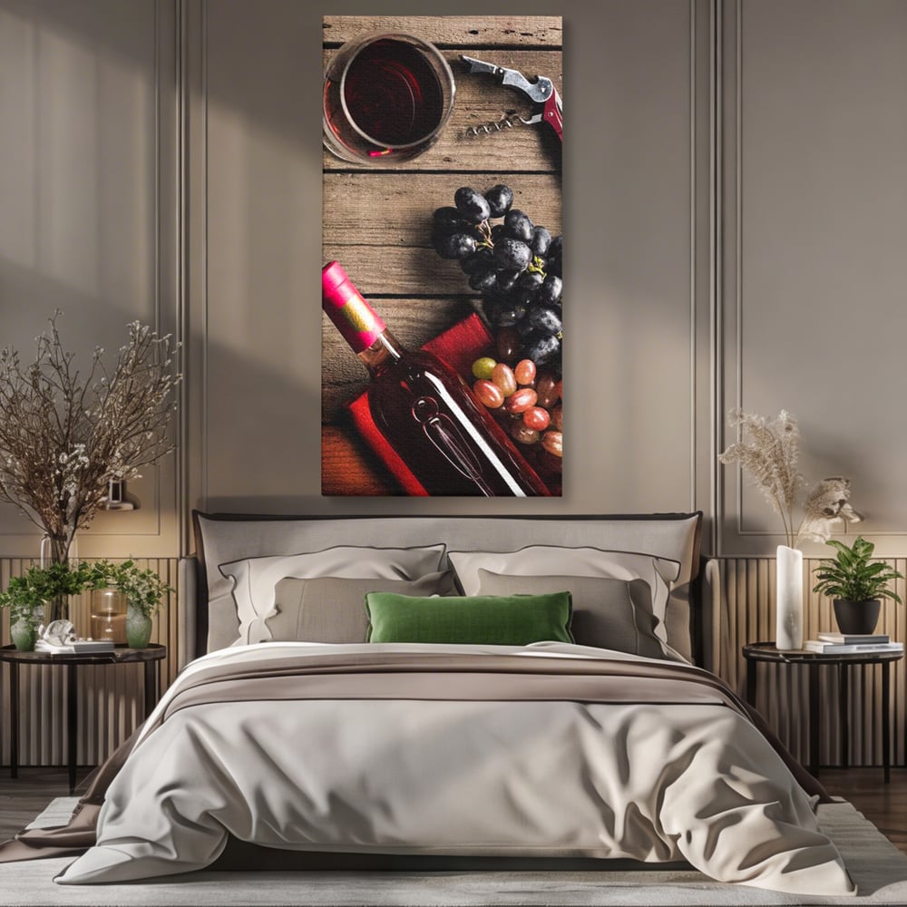 Tablou canvas cu natura statica cu sticla de vin si struguri, fara rama, pe sasiu de lemn, pe perete intr-un dormitor